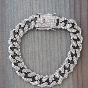 12.5mm 8inches Cuban Ice Round Curb Diamond Chain Silver with Rhinestones